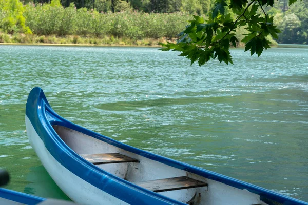 Голубое и белое каноэ в озере — стоковое фото