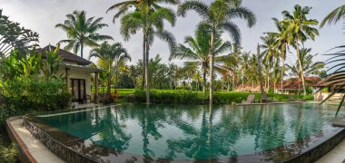 Bali 'de havuz manzarası, Endonezya dışarıda yeşil ağaçlar ve mavi gökyüzü