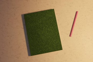 Yeşil bir defter ve bir kalem başucundaki bir lamba ışığı altında yalan