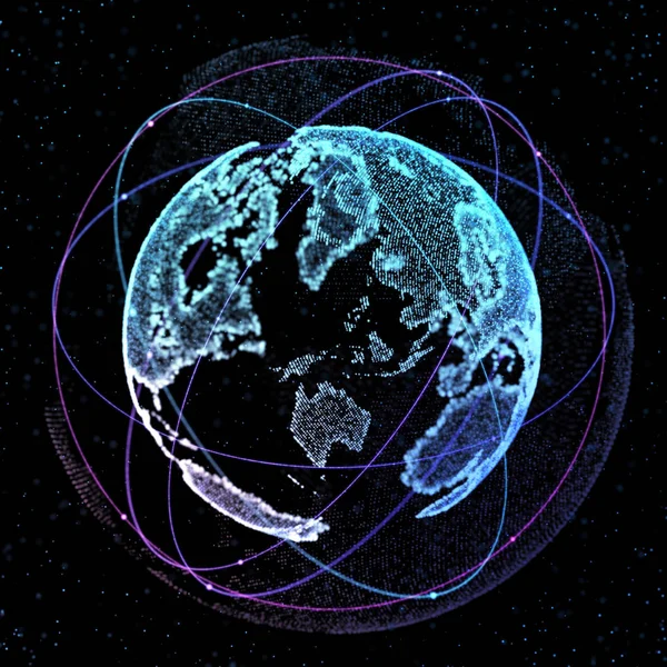 Connections global communication orbits in the world map view on dark space background. 3d illustration
