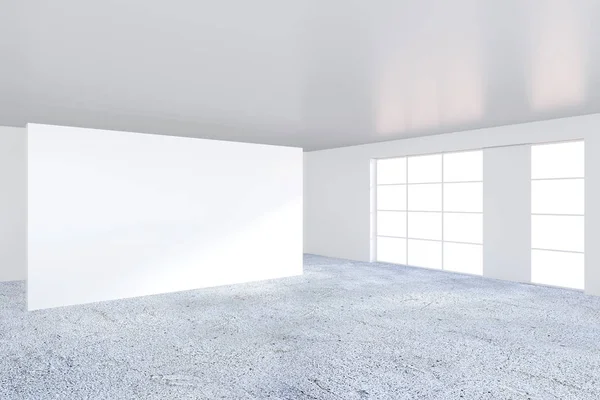 Empty bright office room with large billboard. Light ray on wall. 3D Rendering