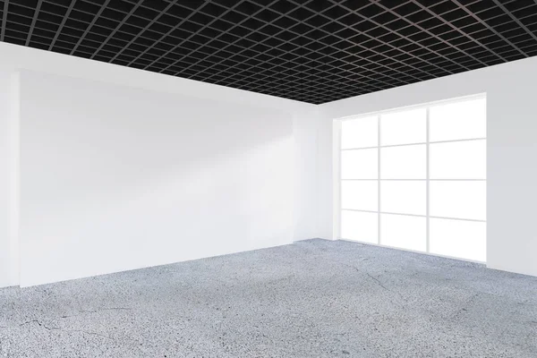 Empty office, white wall in front of panoramic window. Concept of new office. Empty white billboard on the office white wall. 3D rendering