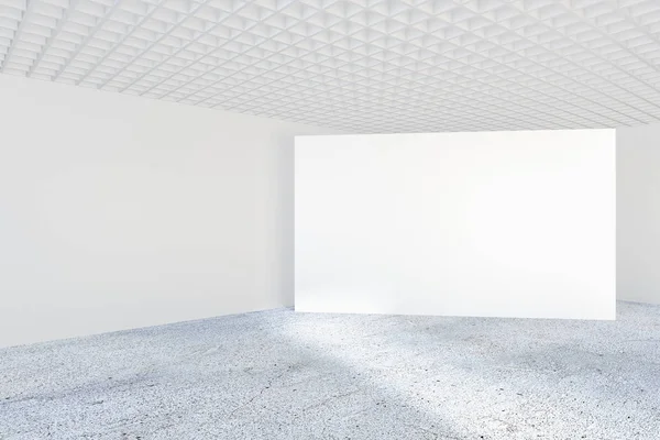 Empty bright office room with large billboard. Light ray on wall. 3D Rendering