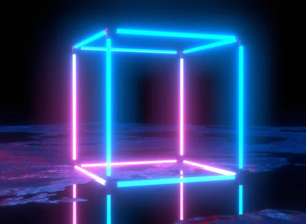 Neon lights, virtual reality, abstract background, cube portal, arch, pink blue spectrum vibrant colors, laser show. 3d rendering, glowing lines