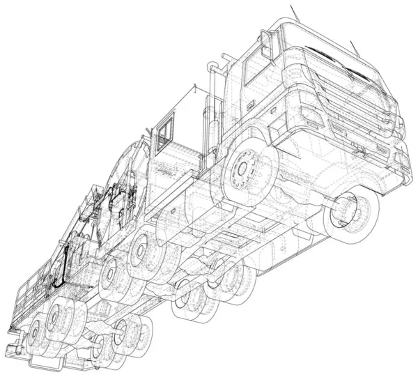 Oilfield coiled tubing equipment. Coiled tubing reel on a trailer. wire-frame. The layers of visible and invisible lines are separated. EPS10 format. Wire-frame