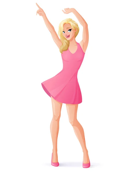 穿着粉红色连衣裙的美丽跳舞的女人。孤立向量图. — 图库矢量图片