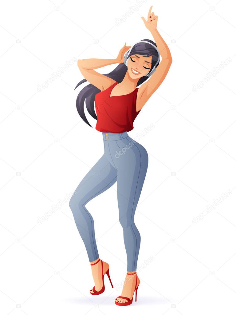 Young woman dancing with headphones. Isolated vector illustration.
