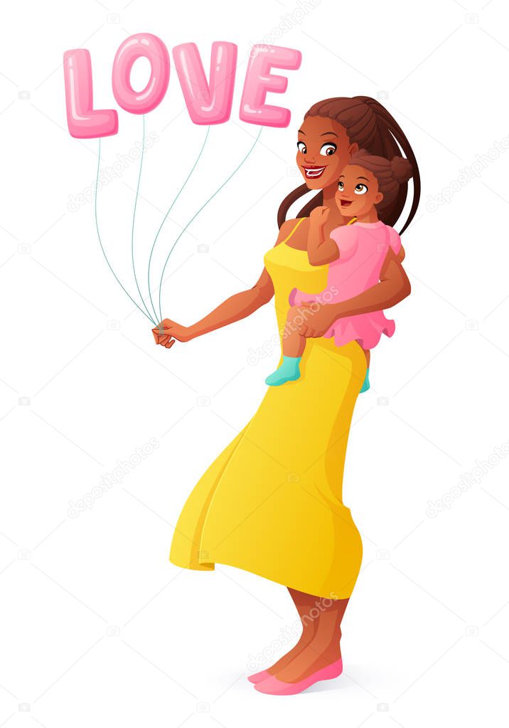 Beautiful African mother holding her little daughter. Isolated vector illustration.