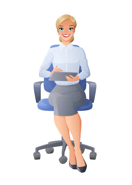 Γραμματέας στην καρέκλα του γραφείου με τον υπολογιστή tablet. Απομονωμένη διανυσματικά εικονογράφηση. — Διανυσματικό Αρχείο