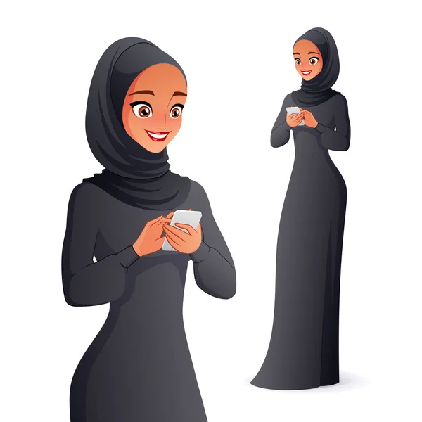 Vacker arabisk kvinna i hijab sms:ar på mobilen. Isolerad vektor illustration. — Stock vektor