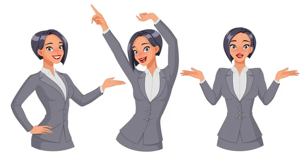 Pretty businesswoman showing, dancing, shrugging. Full size under clipping mask. Set of vector illustrations. — Διανυσματικό Αρχείο