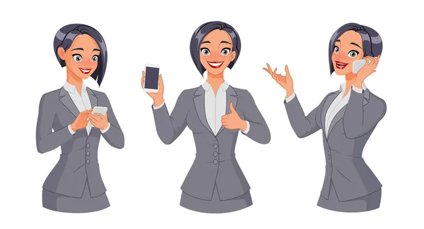 Woman texting, calling, showing thumb up with smartphone. Full size under clipping mask. Set of vector illustrations. — Stok Vektör