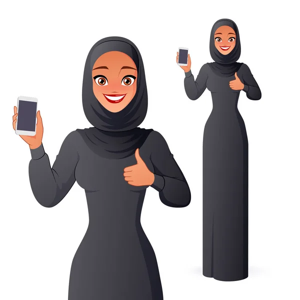Мусульманская женщина в хиджабе показывает чистый вертикальный экран смартфона с большим пальцем вверх. Изолированная векторная иллюстрация . — стоковый вектор