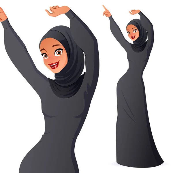 Happy excited beautiful Muslim woman in hijab and abaya dancing with hands in the air. Isolated vector illustration. — Wektor stockowy