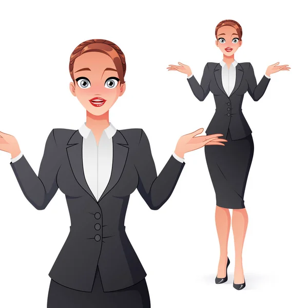Cuestionar bastante mujer de negocios en la oficina llevar hombros encogiéndose de hombros. Ilustración vectorial aislada . — Vector de stock