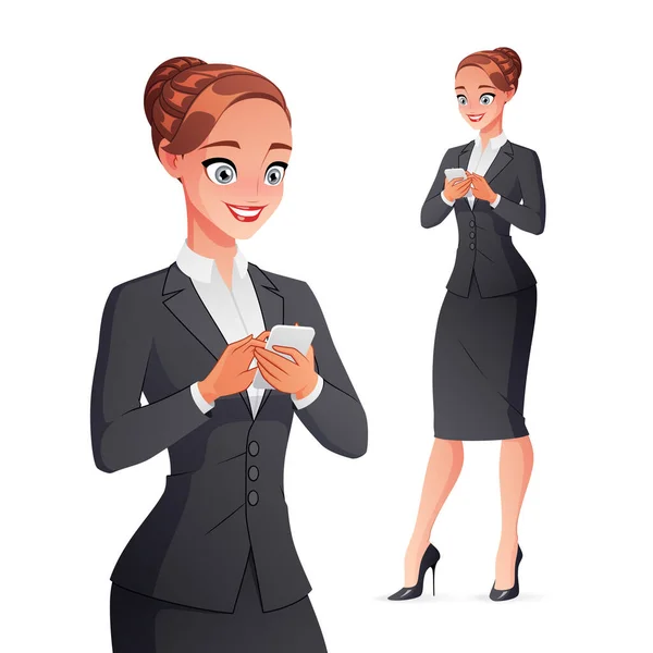 Mujer de negocios bastante sonriente mensajes de texto en el teléfono inteligente. Ilustración vectorial aislada . — Vector de stock