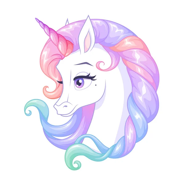 Bellissimo unicorno bianco con corno rosa e criniera colorata. Illustrazione del vettore isolato . — Vettoriale Stock