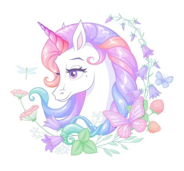 Beautiful white unicorn with pink horn surrounded with flowers and butterflies. Isolated vector illustration. — 스톡 벡터