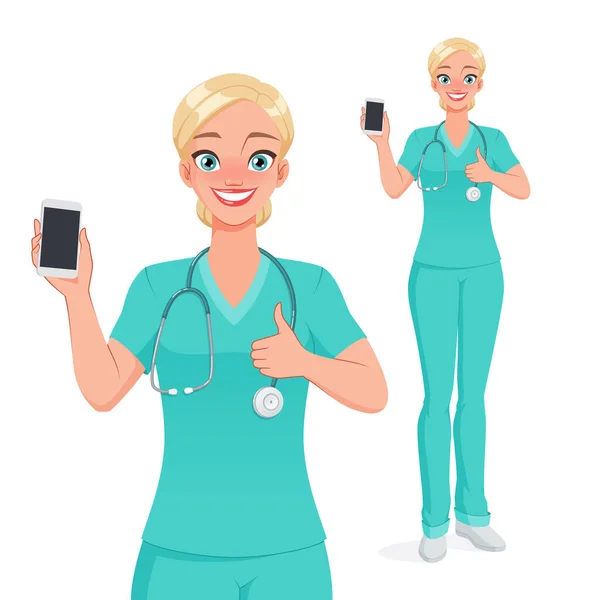 Cheerful Smiling Nurse Green Medical Uniform Showing Blank Vertical Smartphone — Stock Vector