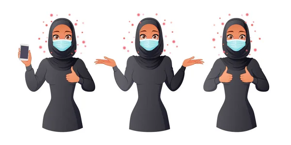 Muslim woman in mask showing smartphone screen, thumbs up and shrugging. Isolated vector illustration. — Stockvektor