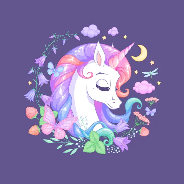 Lindo unicornio dormido rodeado de flores y mariposas. Ilustración vectorial aislada . — Vector de stock