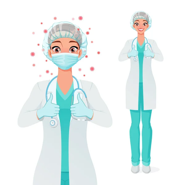Médecin en masque, gants, manteau et gommages montrant les pouces vers le haut. Protection contre le coronavirus. Illustration vectorielle . — Image vectorielle