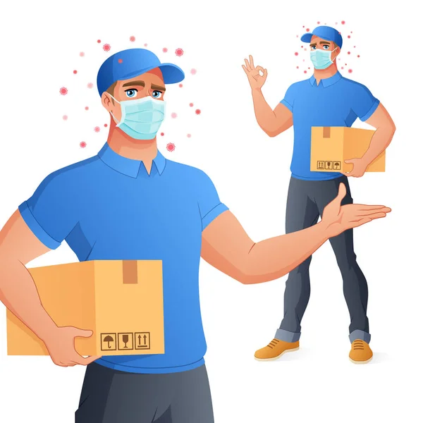 Courier delivery service man in protective mask holding box showing OK. Vector illustration. — Stock Vector