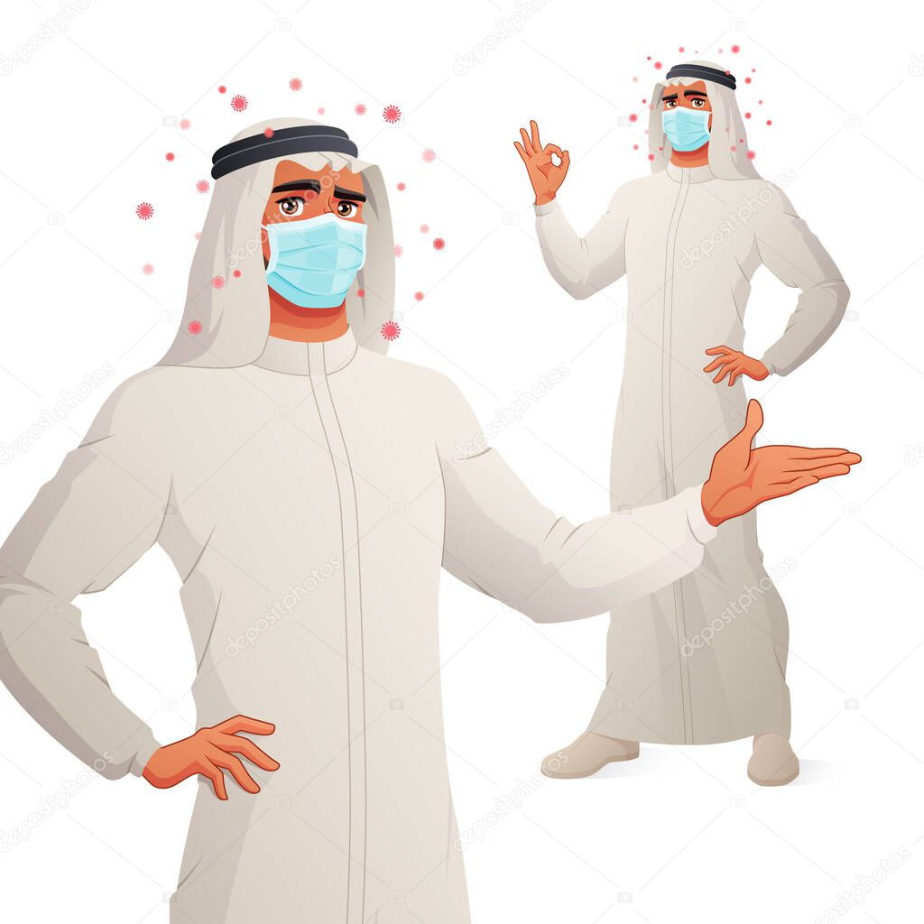 Arab man in mask presenting and showing OK hand sign. Full size vector illustration under clipping mask.