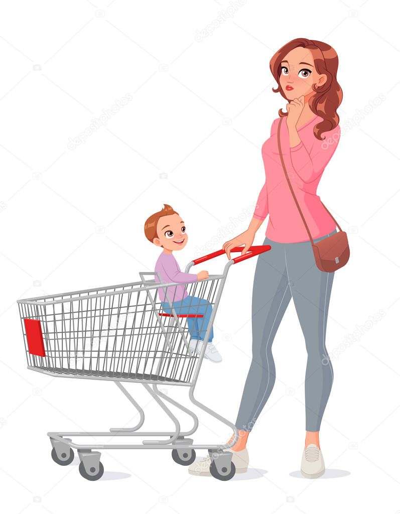 Thinking mother with son sitting in shopping cart. Isolated vector illustration.