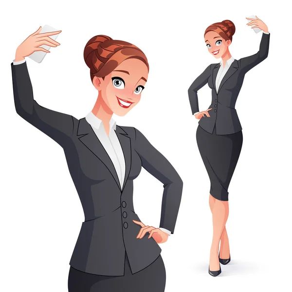 Hübsch lächelnde Geschäftsfrau im Büro trägt Selfie-Foto. Isolierte Vektorillustration. — Stockvektor
