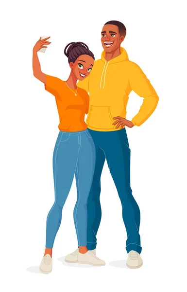 Heureux couple noir s'embrasser et prendre selfie. Illustration vectorielle isolée . — Image vectorielle