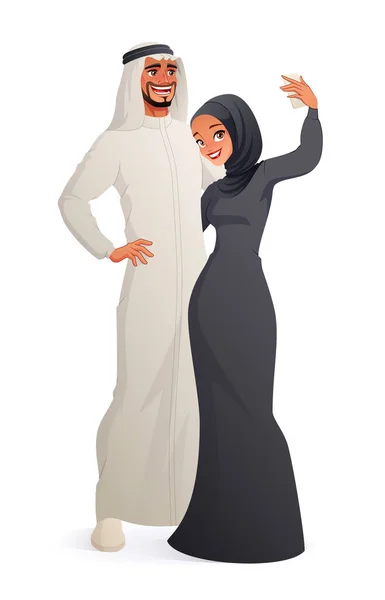 Glückliches muslimisches Paar, das sich umarmt und Selfies macht. Isolierte Vektorillustration. — Stockvektor