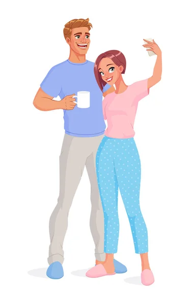 Joyeux couple souriant prenant selfie tout en restant à la maison. Illustration vectorielle isolée . — Image vectorielle