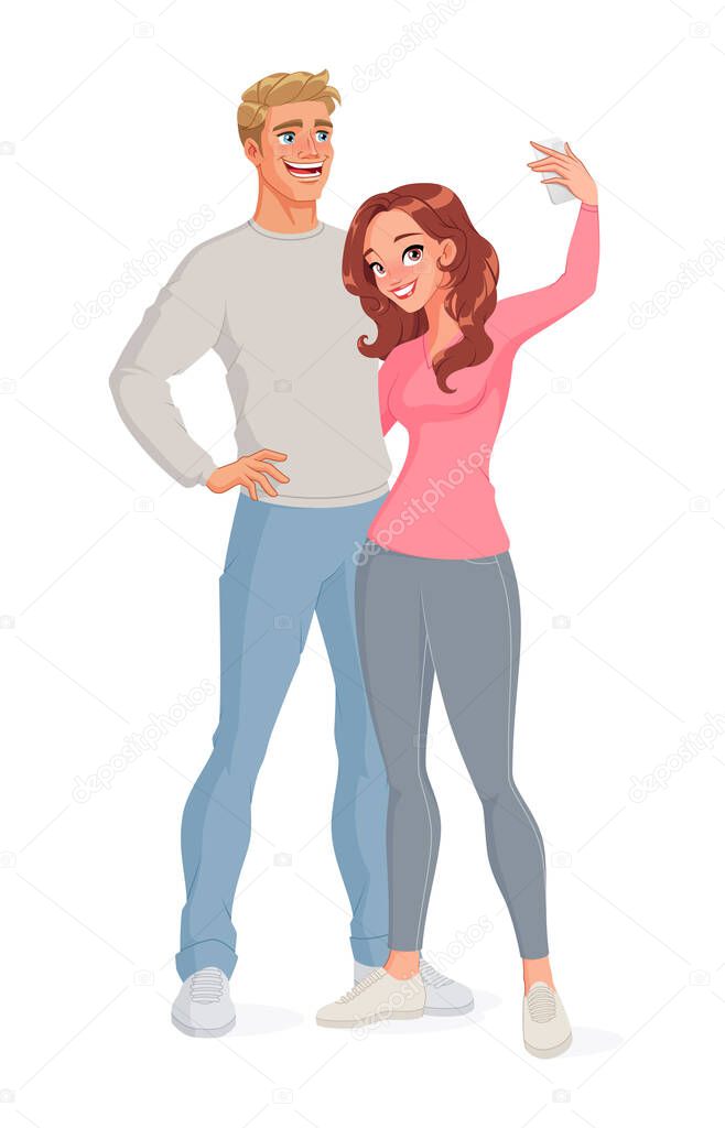 Cute happy smiling couple hugging each other and taking selfie. Isolated vector illustration.