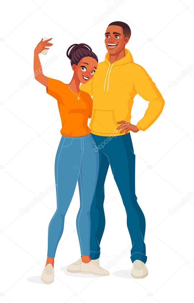 Happy black couple hugging each other and taking selfie. Isolated vector illustration.