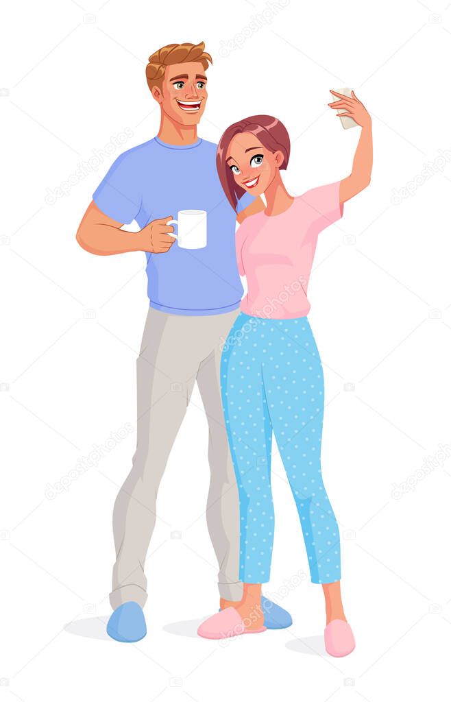 Happy smiling couple taking selfie while staying at home. Isolated vector illustration.