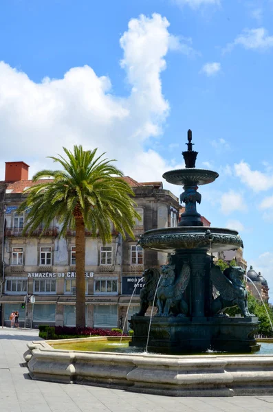 Porto Portugal Vue Place Gomes Teixeira Avec Fontaine Lions Pris — Photo