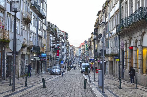 Porto, Portugal-07.02.2020: the city center on Santa Catarina Street