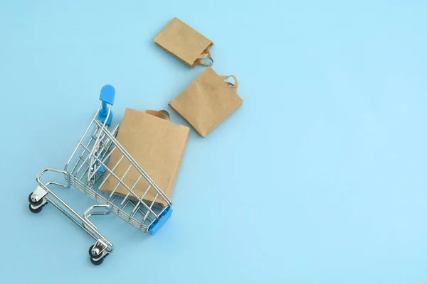 Pequeño Supermercado Carrito Compras Empuje Para Compras Moda Moderna Fondo —  Fotos de Stock