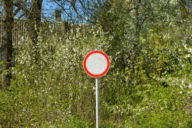 Yeşil ağaçların arka planında trafik yasağı tabelası