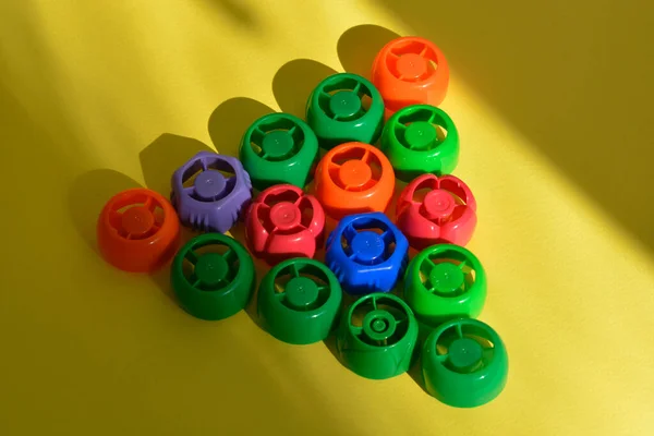 Bouchons Plastique Multicolores Provenant Aliments Pour Bébés Déchets Zéro Style — Photo