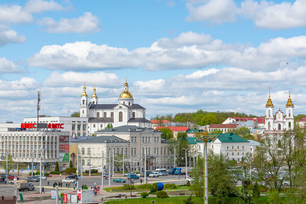 Vitebsk, Belarus - May 12, 2020: city center overlooking the Resurrection Voskresenskaya church and townhouse