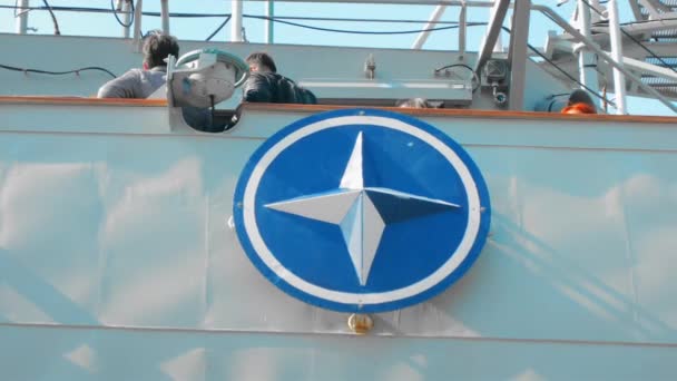 Odessa, Ukraine - September 2019: NATO military emblem aboard a warship — Stock Video