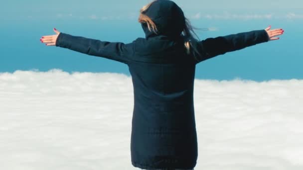 Genç özgürlük kadını dağın zirvesinde kollarını açar, motivasyon ve ilham bulutların üzerindedir. Tırmanışçı kollar dağın tepesine uzanmış ilham verici manzaraya bakıyor.. — Stok video