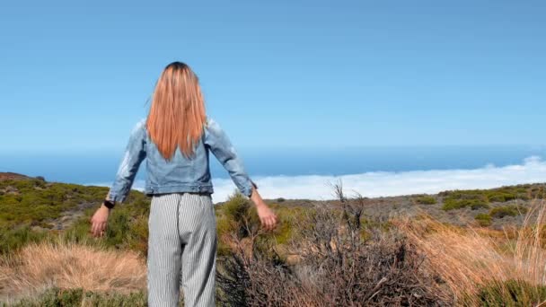 Mujer joven con los brazos extendidos de pie en la cima de la montaña y mirando hermoso paisaje — Vídeo de stock