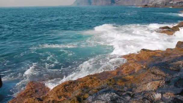 Gul sten, kokande turkos surfing. Den bländande middagssolen lyser upp lavastenig strand. Begreppet aktiv, ekologisk och fototurism — Stockvideo