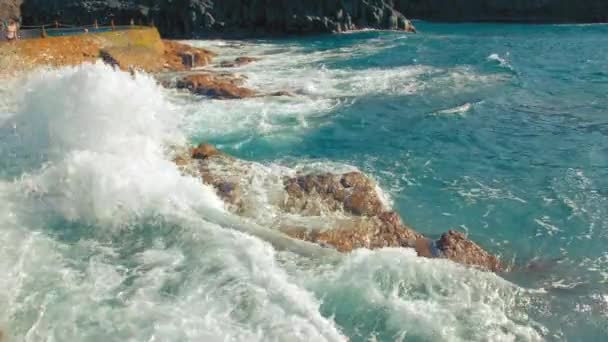 ロス・ジガンテス,テネリフェ島,カナリア島,スペイン- 2019年1月:人々は大西洋の景色を望む自然スイミングプールで泳いだりリラックスしたりします。大西洋の波が岩の海岸を襲い — ストック動画