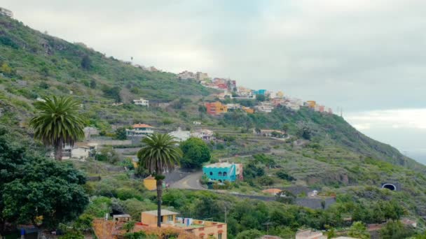 热带风景,高山山谷,植被茂密,棕榈树茂密. 后面是一座小山城。 加那利群岛的异国情调 — 图库视频影像