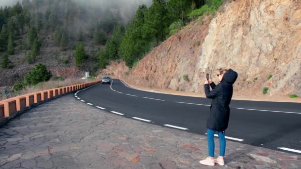 Kvinna bloggare skjuter videoinnehåll på en mobiltelefon. Tjock dimma ner på en tallskog i bergen i bakgrunden. Concept influencer förbereder innehåll för sociala — Stockvideo