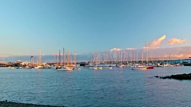 海上码头在阳光下. 夕阳西下，乘坐豪华游艇和帆船。 旅行概念，航行 — 图库视频影像